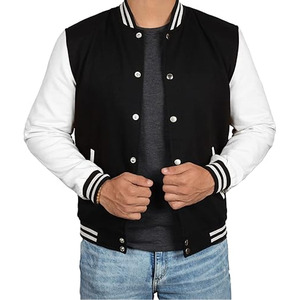Varsity <b>Jacket</b> for <b>Men</b> Stand Collar <b>Leather</b> Sleeves Embroidery Autumn Black Letterman Baseball Style - Product Image 3