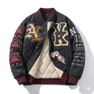 Chaqueta Varsity Unisex de Hip Hop, Chaqueta de Béisbol de Lona y Lana con Detalles de Logotipo Bordado y Reflectante en la Parte Delantera - Product Image 1