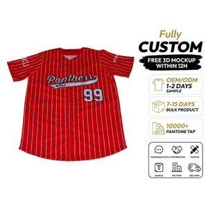 Maillot de baseball personnalisé Panthers unisexe, rayé rouge, manches courtes, col en V, fermeture boutonnée, 100% polyester, séchage rapide, sublimation pour équipe - Product Image 1