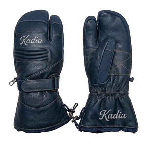 Mitaines à 3 doigts pour homme avec logo personnalisé, bleu marine, en cuir véritable, gants de ski imperméables, mitaines thermiques en cuir de vachette avec broderie - Product Image 5
