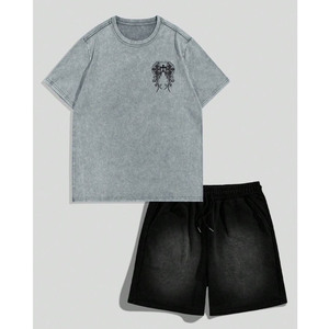Ensemble T-shirt et short personnalisé avec motif ailes d'ange délavé pour homme – Tenue décontractée d'été en coton style streetwear – Vente en gros OEM - Product Image 1