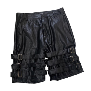 Men's Black PU Leather Bermuda Shorts With Buckle Straps Gothic Style Mid Waist Button Fly - Product Image 6