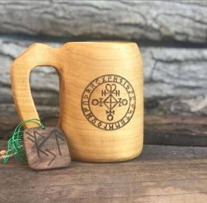 Wooden Mug Laser Engraved With Symbol Design Vintage Style Classic Drinkware <b>For</b> Home Use - Product Image 1