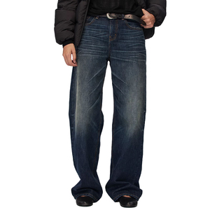 Jeans de Mezclilla Personalizados para Hombre, Cintura Alta, Lavado Medio, 100% Algodón, Corte Casual Regular de Pierna Ancha, Bolsillos, Costuras en Contraste Azules - Product Image 4