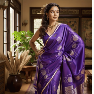 Pure Satin Handloom Weaving <b>Purple</b> <b>Saree</b> With Gold Zari Border | Traditional Wedding Party Wear Designer Ethnic <b>Saree</b> For Women - Product Image 2