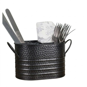 Porta Cubiertos de Metal Galvanizado Blanco Desgastado Estilo Rústico con Asa de Madera, Organizador de Utensilios con Múltiples Compartimentos - Product Image 3