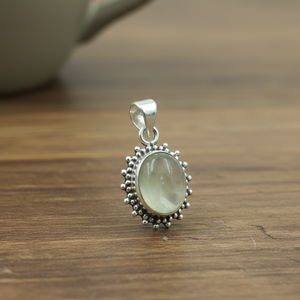 Unique Prehnite Gemstone Oval Pendant 925 Sterling <b>Silver</b> Handmade <b>Beaded</b> Frame Rose Gold Yellow Gold Plated Jewelry for Unisex - Product Image 3
