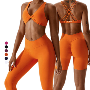<b>Women</b> <b>Orange</b> 2 Piece Yoga Set High Waist Seamless Full Length Leggings Crisscross Back Sports Bra Twist Design Solid Color - Product Image 1