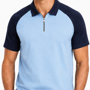Polo à manches courtes pour homme personnalisé, col quart zippé, bleu clair et bleu marine, bicolore, pour le golf - Product Image 2