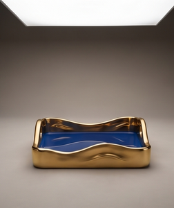 Handcrafted Square Blue Enamel Serving <b>Tray</b> <b>Gold</b> Wavy Rim Cutout Handles Decorative <b>Coffee</b> <b>Table</b> Vanity Perfume Catchall Platter - Product Image 1
