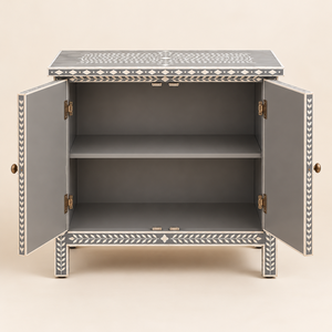 Buffet de rangement rectangulaire moderne en bois massif gris à incrustations florales, fait main, en MDF, avec incrustations en os, à poser au sol - Product Image 3