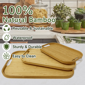 Classic Bamboo Serving Tray Metal Handle Eco-Friendly Polished Wood Plate for Coffee Tea Dessert <b>Breakfast</b> Parties-Laser Logo - Product Image 6