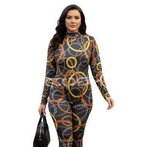 Combinaison moulante sexy à motif chaîne pour femme, col montant, manches longues, extensible, coupe ajustée, tenue une pièce - Fournisseur - Product Image 5