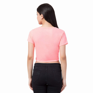 T-shirt court rose pour femme, col rond, manches courtes, couleur unie, tricoté, décontracté, printemps-été, coupe ajustée - Product Image 2