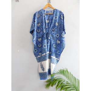 Vestido Kaftán de Algodón con Estampado Artesanal, Cuello en V, Mangas Murciélago, Cordón Ajustable, Estilo Boho, Túnica Holgada para la Playa, Vacaciones de Verano - Product Image 1