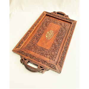 Plateau de service antique victorien en chêne massif sculpté à la main avec poignées en laiton, décoration d'intérieur, plateau marocain pour la cuisine et la salle à manger - Product Image 3