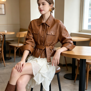 <b>Women's</b> <b>Brown</b> PU <b>Leather</b> Safari <b>Jacket</b> Three Quarter Sleeve Turn-down Collar Belted Utility Style Autumn Wear - Product Image 2