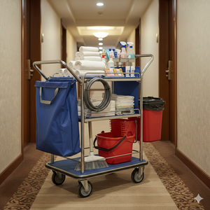 Chariot de ménage commercial pour hôtel avec étagères de rangement pour un nettoyage polyvalent, marque OEM - Product Image 1