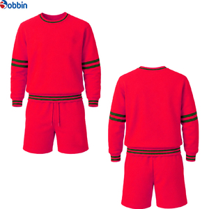 Conjunto de Pantalones Cortos de Punto Rojos de 2 Piezas Estilo Hip Hop, Cuello Redondo, Manga Larga, Color Sólido, Ropa Deportiva Informal Unisex, Transpirable para Primavera/Verano - Product Image 1