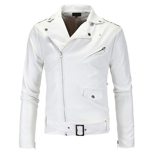 เสื้อแจ็คเก็ตมอเตอร์ไซค์ผู้ชายสีขาว หนัง PU ทรงเข้ารูป ปกคอพับ ปิดด้วยซิป ความยาวปกติ สีพื้น สไตล์ไบค์เกอร์ - Product Image 1