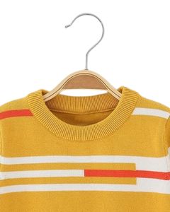 Kids Knitted Crew Neck Sweater Mustard Yellow Red White Stripe Design Winter Warm Soft Cotton Blend Pullover - Product Image 2