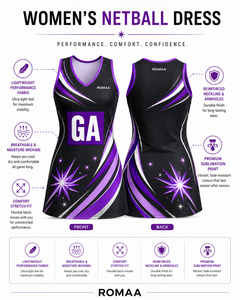 Vestido de Netball Personalizado para Mujer, Sublimado, Negro, Morado, Lila y Blanco, Sin Mangas, Cuello en V, Uniforme de Equipo con Panel de Posicionamiento - Product Image 4