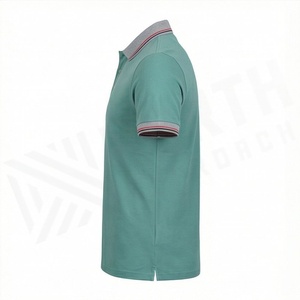 Polo en piqué de coton uni pour homme, manches courtes, décontracté, respirant, tissu tricoté, coupe classique, vert avec col à bordure grise - Product Image 3