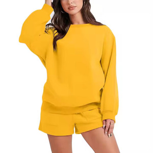 Women 2 Piece <b>Set</b> Solid Color Yellow Knitted Sweatshirt Shorts Regular Fit Casual Hooded Full Sleeve Spring Summer Wear Hoodie - Product Image 5