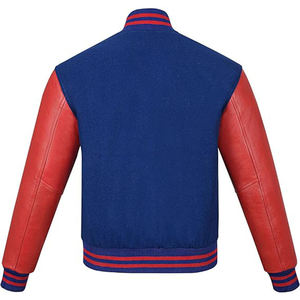 Men's Blue Wool Varsity <b>Jacket</b> With Orange <b>Leather</b> Sleeves Stand Collar Preppy Style Autumn Wear - Product Image 6