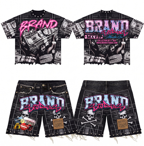 Conjunto de chándal de verano de mezclilla pesada para hombre al por mayor OEM, camiseta corta de manga corta y pantalones cortos, estilo streetwear con parche personalizado 2 - Product Image 1