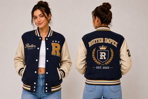 <b>Women's</b> Navy <b>Beige</b> Letter R Embroidered Varsity <b>Jacket</b> Preppy Style Turn-down Collar Front Logo Regular Fit - Product Image 4