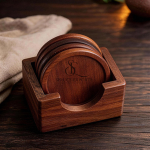 Handmade Sheesham Wood <b>Coaster</b> <b>Set</b> With Matching Holder. Embossed Border Premium Wholesale Tableware For Cafe, Home & Bar - Product Image 2