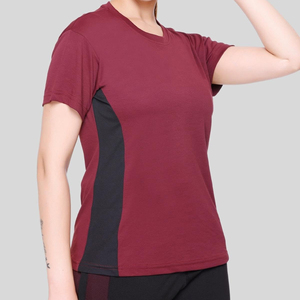 เสื้อยืดออกกำลังกายแขนสั้นผู้หญิง สีทูโทน แห้งเร็ว สำหรับฟิตเนสและออกกำลังกาย สีแดงเลือดหมู-ดำ เสื้อแรชการ์ดผู้หญิง - Product Image 3