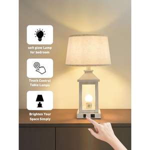 20.5\" Set 2 Vintage <b>USB</b>-C+A Outlet Table <b>Lamps</b> White <b>Bedside</b> Nightlight Light Bulbs Farmhouse Industrial Style for Living Room - Product Image 6