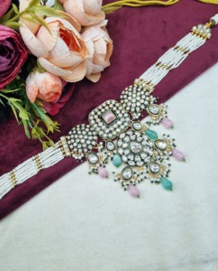 Elegant Kundan Pearl Strand Choker <b>Necklace</b> Set With Earrings And Mangtika Traditional Ethnic Festive Wear Jewellery Collections - Product Image 2