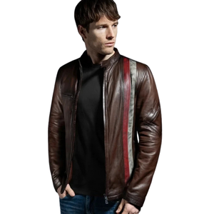 <b>Mens</b> <b>Brown</b> Genuine <b>Leather</b> Streetwear <b>Jackets</b> Contrast Vertical Stripes Snap Collar Zip Front Chest Pocket Premium OEM Outerwear - Product Image 3