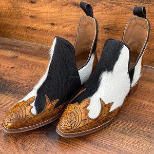 Sepatu bot kulit sapi dengan ujung lancip, sepatu bot Ankle kulit sapi motif bunga bahan kulit sapi Barat untuk wanita