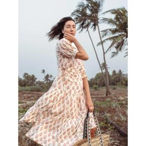 Newest Hand Block Printed 100% Cotton Wrap <b>Dress</b> for Women <b>Summer</b> <b>Boho</b> Floral Ladies <b>Dress</b> Sustainable Handmade V- Neck <b>Dress</b> - Product Image 1