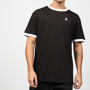T-shirt à manches courtes pour homme, noir uni, col rond, avec bordure contrastée blanche, style décontracté, tissu jersey 100% coton - Product Image 1