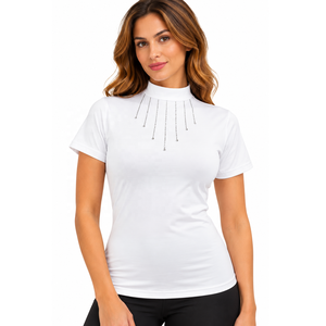 Chemise d'équitation blanche pour femme Horsekraft, manches courtes, haut de compétition, col haut, détail strass, dressage - Product Image 1