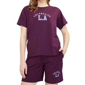 Conjunto de 2 Piezas para Mujer, Color Morado, Estampado con la Letra L.A. de Los Ángeles, Shorts Casuales, Cuello Redondo, Manga Corta, Corte Holgado, Ropa de Primavera/Verano - Product Image 1