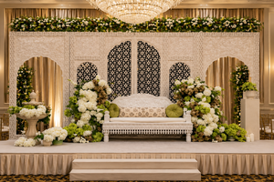 Décor mural de scène de mariage en bois blanc de style moghol, cadres en bois Jali d'inspiration marocaine tendance pour la décoration de scène de mariage - Product Image 3