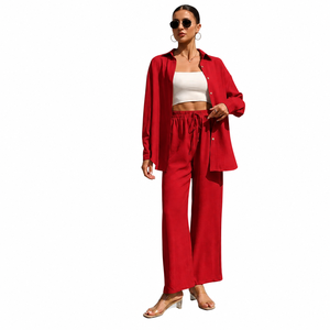 Ensemble 2 pièces en satin pour femme : chemise à manches longues et pantalon large, bleu uni, décontracté, printemps-été, coupe régulière, respirant, longueur complète - Product Image 2
