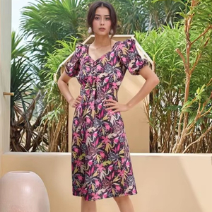Vestido de Fiesta de Verano para Mujer, Estilo Vintage, Midi, de Gasa, Formal, Bordado, con Cordones, Cuello en V, Manga Abullonada, Holgado, Venta al por Mayor - Product Image 1