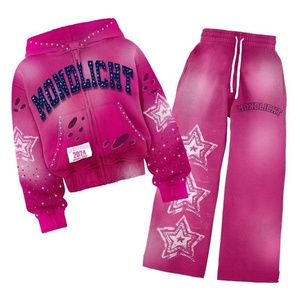Ensemble de survêtement rose Y2K pour femme MONDLICHT, sweat à capuche et pantalon de jogging, manches longues, fermeture éclair sur le devant, imprimé étoiles, polyester respirant, vêtements d'automne - Product Image 1