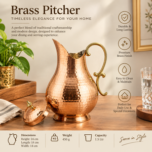 Carafe à eau en cuivre martelé avec couvercle à finition en laiton et poignée ornée, carafe ayurvédique traditionnelle, vaisselle de service, articles de boisson - Product Image 5