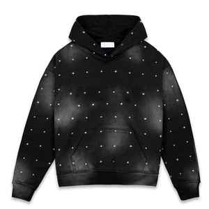 Sweat à capuche de qualité supérieure, personnalisé OEM, avec lettres brodées en coton et patch en cuir, effet vieilli, délavé soleil et strass brillants - Product Image 5