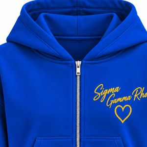 Sudadera con capucha azul real con cremallera completa, bordado de Sigma Gamma Rho en dorado y corazón, sudadera de forro polar personalizada con bolsillos delanteros - Product Image 2