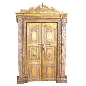 Haswani Handicrafts - Puerta de Madera Tallada a Mano de Estilo Vintage con Marco Decorativo, Acabado Antiguo, Puerta de Entrada de Doble Panel - Product Image 1