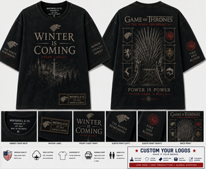 WINTERFELL เสื้อยืดสีดำขนาดใหญ่พิเศษสำหรับผู้ชาย The North Remembers Iron Throne พิมพ์ลาย ผ้าฝ้าย 100% แขนสั้น คอกลม สตรีทแวร์ <span class=keywords><strong>HOTD</strong></span> - Product Image 4